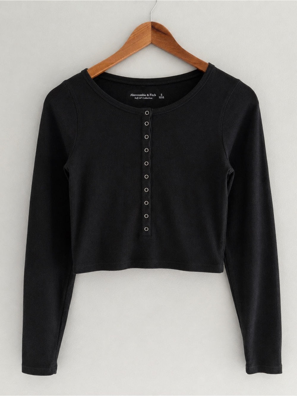 Abercrombie Black Ribbed Henley Crop Top Long Sleeve S